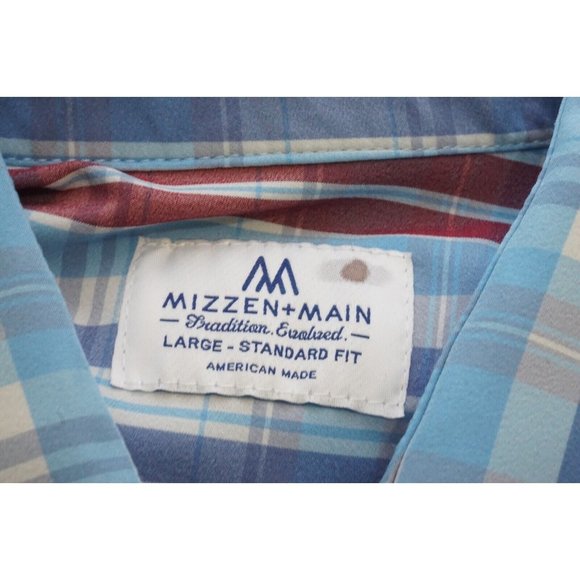 Mizzen + Main Blue Red Plaid Button Up Mens Shirt Standard Fit Sz L - Picture 2 of 6